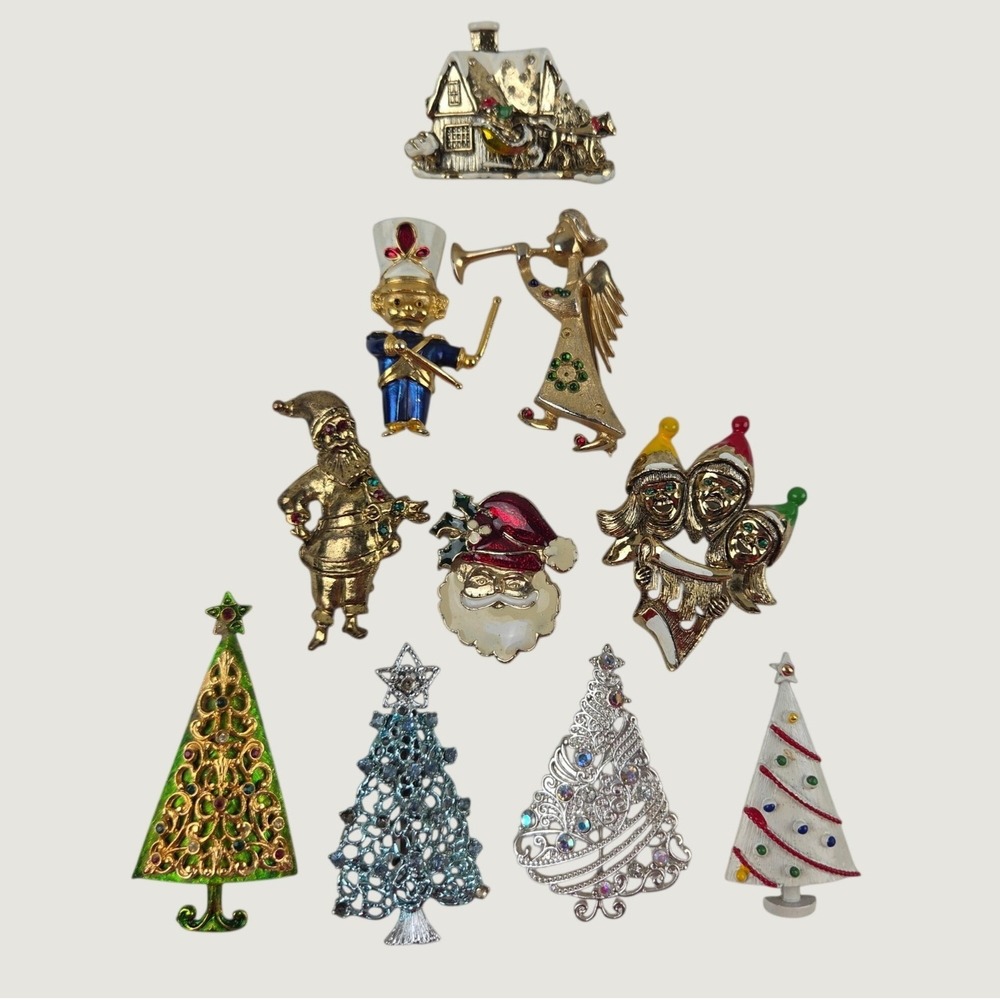 Vintage Estate Christmas Brooch Pin Lot 10pc Holiday Jewelry Caroler Drummer